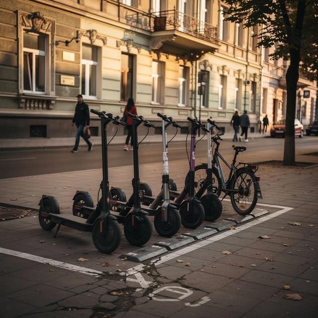 E-scooters lined up at a marked return dock on Velyka Vasylkivska Street in central Kyiv